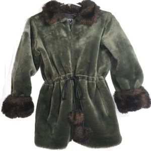 Fuzzy Faux Fur Coat Olive Green and Brown Fur Cuff Zip Up Tie Waist Coat